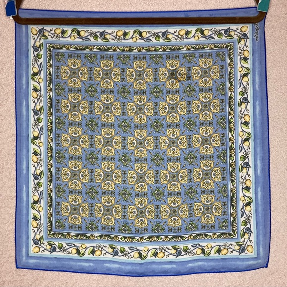 Vintage Brighton Silk 18” Square Women’s Scarf Blue/Yellow Lemon Italian Med - Picture 2 of 8